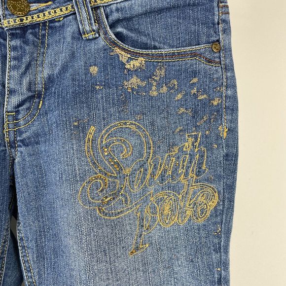 Vintage‎ Y2K Southpole Denim Jean Shorts Gold Logo Flap Pockets Juniors Size 5 - Picture 5 of 9